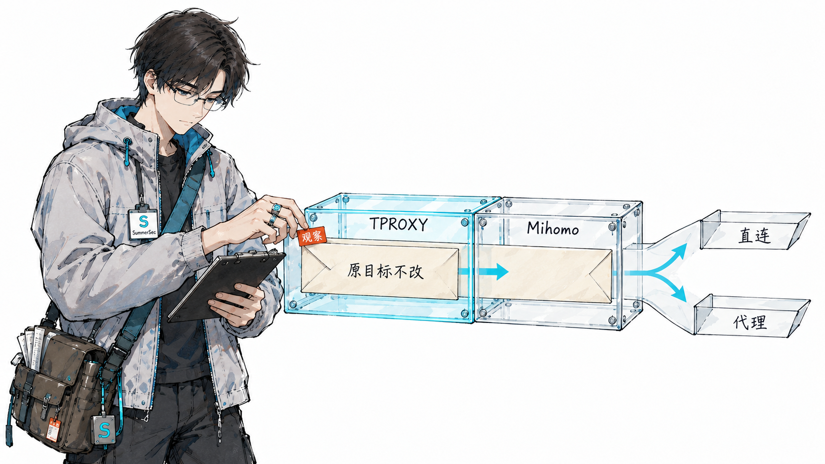 TPROXY 保留原始目标地址并将选中流量交给 Mihomo 分流